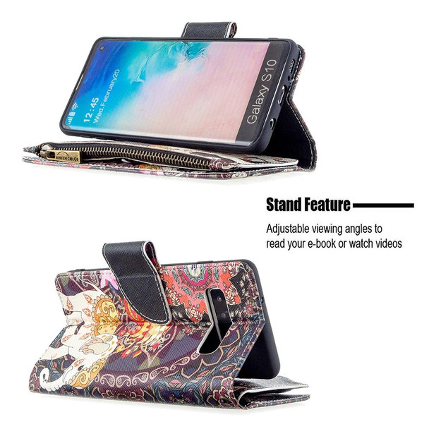 Samsung Galaxy S10 Colored Drawing Pattern Zipper Horizontal Flip Leather Case with Holder & Card Slots & Wallet(Flower Elephants)
