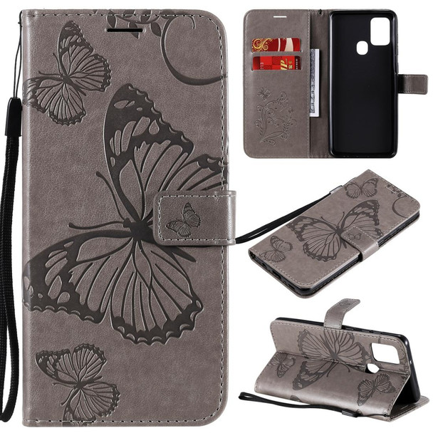Samsung Galaxy A21s 3D Butterflies Embossing Pattern Horizontal Flip Leather Case with Holder & Card Slot & Wallet(Grey)