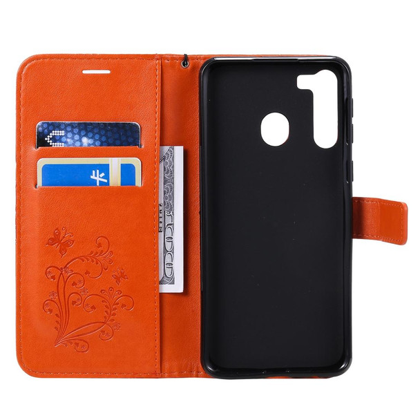 Galaxy A21 3D Butterflies Embossing Pattern Horizontal Flip Leather Case with Holder & Card Slot & Wallet & Lanyard(Orange)