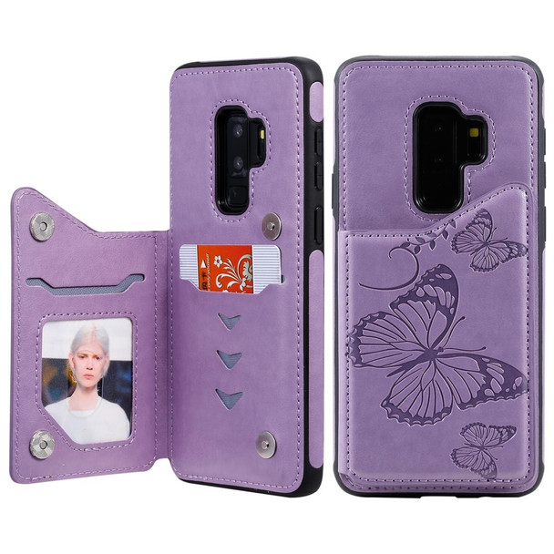 Galaxy S9 Plus Butterfly Embossing Pattern Shockproof Protective Case with Holder & Card Slots & Photo Frame(Purple)