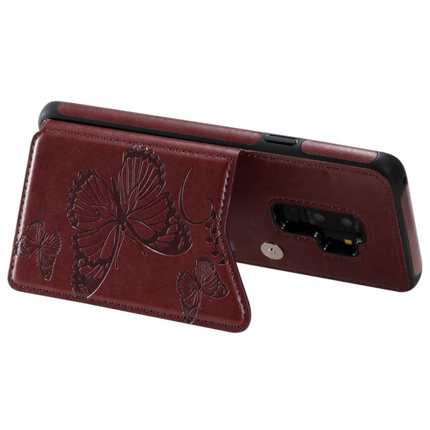 Galaxy S9 Plus Butterfly Embossing Pattern Shockproof Protective Case with Holder & Card Slots & Photo Frame(Brown)