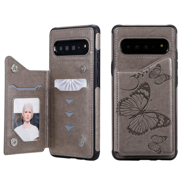 Galaxy S10 5G Butterfly Embossing Pattern Shockproof Protective Case with Holder & Card Slots & Photo Frame(Gray)