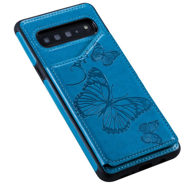 Galaxy S10 5G Butterfly Embossing Pattern Shockproof Protective Case with Holder & Card Slots & Photo Frame(Blue)
