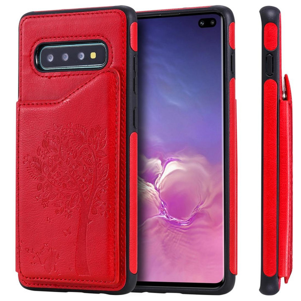 Galaxy S10+ Cat Tree Embossing Pattern Shockproof Protective Case with Card Slots & Photo Frame & Holder(Red)