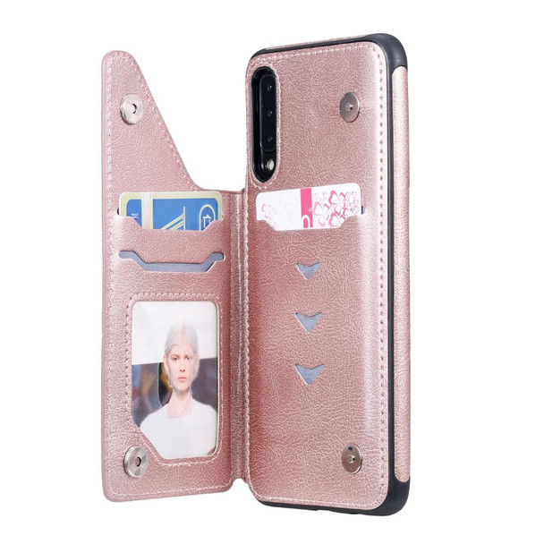 Galaxy A50 Cat Tree Embossing Pattern Shockproof Protective Case with Card Slots & Photo Frame & Holder(Rose Gold)