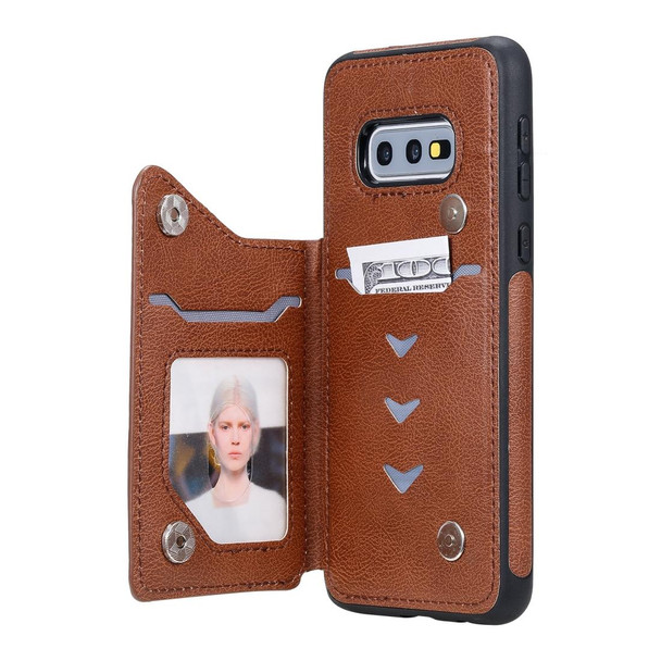 Galaxy S10e Cat Tree Embossing Pattern Shockproof Protective Case with Card Slots & Photo Frame & Holder(Brown)