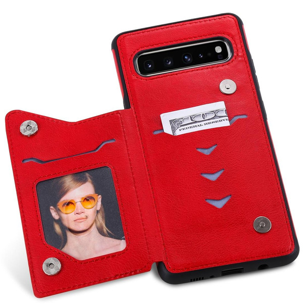 Galaxy S10 5G Cat Tree Embossing Pattern Shockproof Protective Case with Card Slots & Photo Frame & Holder(Red)