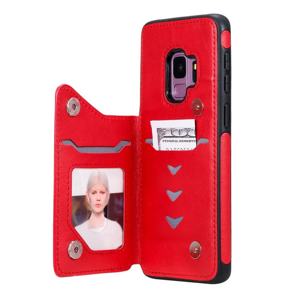 Galaxy S9 Cat Tree Embossing Pattern Shockproof Protective Case with Card Slots & Photo Frame & Holder(Red)