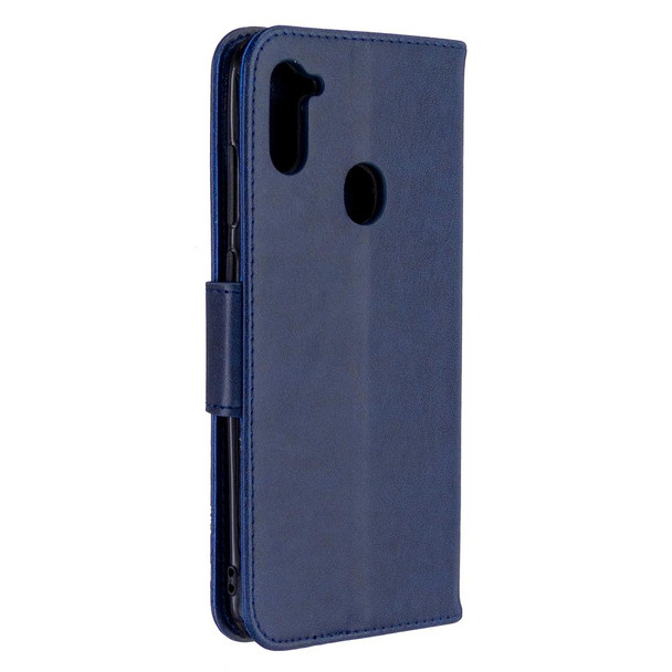 Galaxy A11 Two Butterflies Embossing Pattern Horizontal Flip Leather Case with Holder & Card Slot & Wallet & Lanyard(Dark Blue)