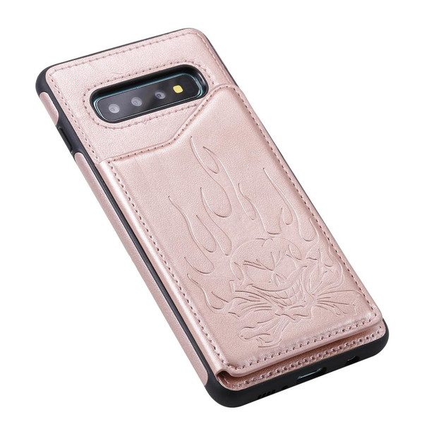 Galaxy S10+ Skull Head Embossing Pattern Shockproof Protective Case with Holder & Card Slots & Wallet(Rose Gold)