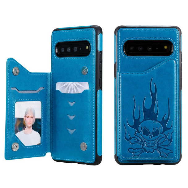 Galaxy S10 5G Skull Head Embossing Pattern Shockproof Protective Case with Holder & Card Slots & Wallet(Blue)