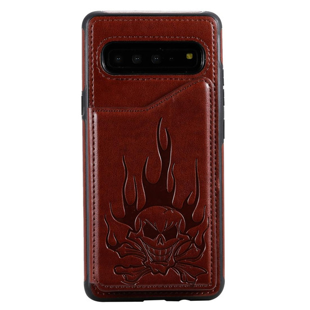 Galaxy S10 5G Skull Head Embossing Pattern Shockproof Protective Case with Holder & Card Slots & Wallet(Brown)