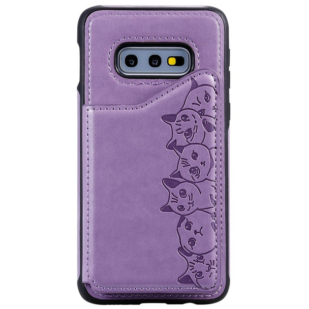 Galaxy S10e Six Cats Embossing Pattern Protective Case with Holder & Card Slots & Photo Frame(Purple)