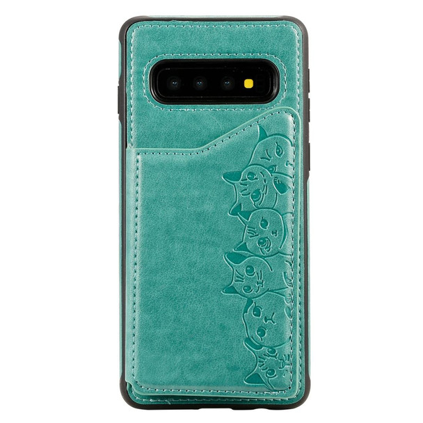 Galaxy S10 Six Cats Embossing Pattern Protective Case with Holder & Card Slots & Photo Frame(Green)