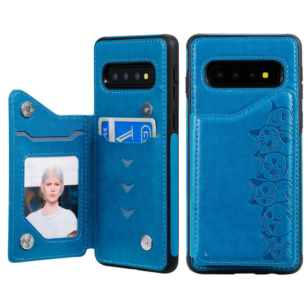 Galaxy S10 Six Cats Embossing Pattern Protective Case with Holder & Card Slots & Photo Frame(Blue)