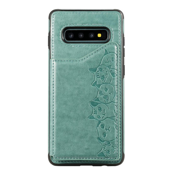 Galaxy S10+ Six Cats Embossing Pattern Protective Case with Holder & Card Slots & Photo Frame(Green)