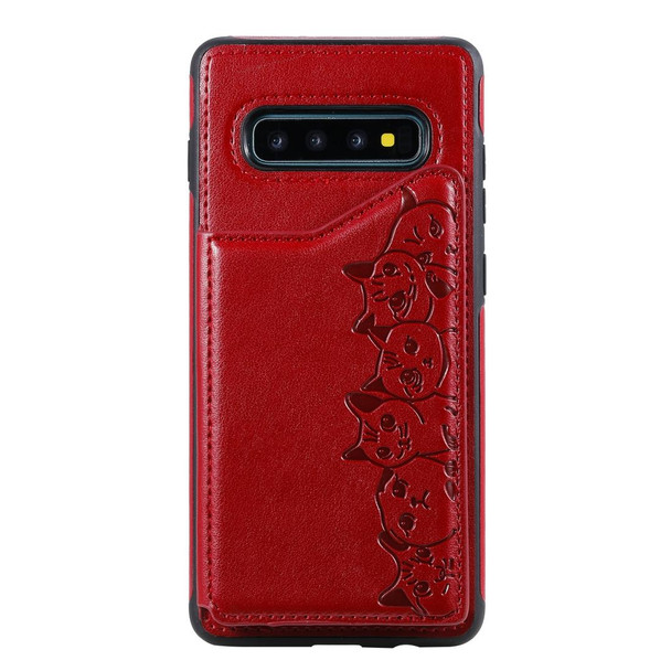 Galaxy S10+ Six Cats Embossing Pattern Protective Case with Holder & Card Slots & Photo Frame(Red)