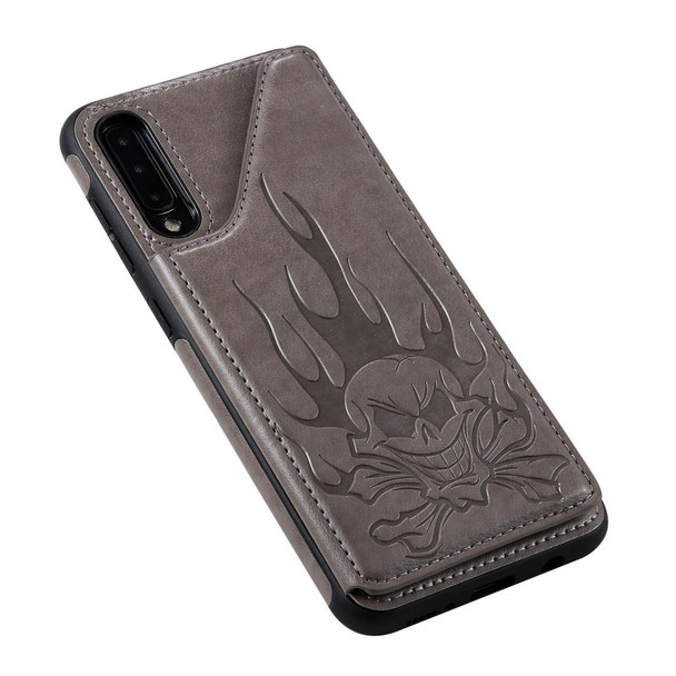 Galaxy A50 Skull Head Embossing Pattern Shockproof Protective Case with Holder & Card Slots & Wallet(Grey)