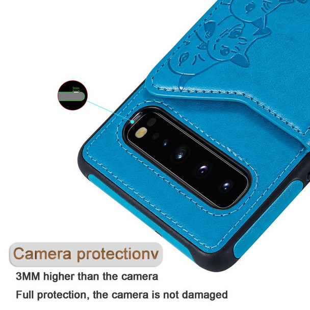 Galaxy S10 5G Six Cats Embossing Pattern Protective Case with Holder & Card Slots & Photo Frame(Blue)