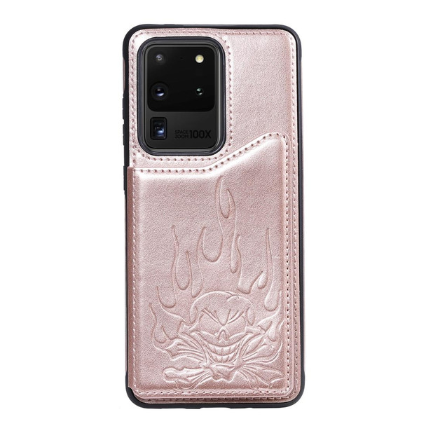 Galaxy S20 Ultra Skull Embossing Pattern Shockproof Protective Case with Card Slots & Photo Frame(Rose Gold)