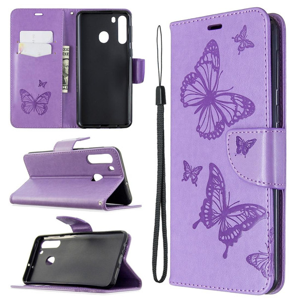 Galaxy A21 Two Butterflies Embossing Pattern Horizontal Flip Leather Case with Holder & Card Slot & Wallet & Lanyard(Purple)