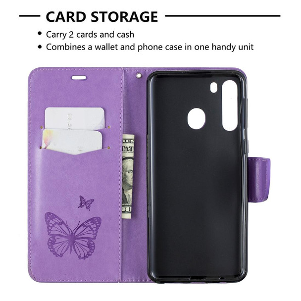 Galaxy A21 Two Butterflies Embossing Pattern Horizontal Flip Leather Case with Holder & Card Slot & Wallet & Lanyard(Purple)