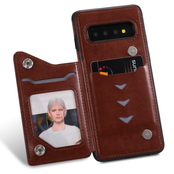 Galaxy S10 Cat Bee Embossing Pattern Shockproof Protective Case with Card Slots & Photo Frame(Brown)