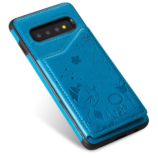 Galaxy S10 Cat Bee Embossing Pattern Shockproof Protective Case with Card Slots & Photo Frame(Blue)