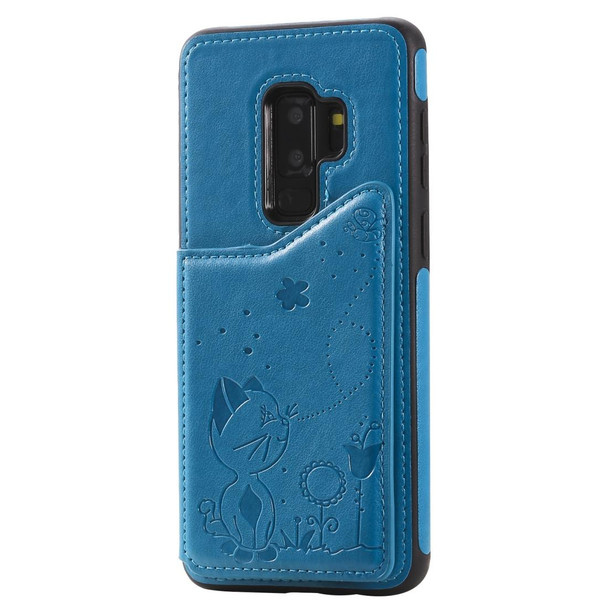 Galaxy S9 Plus Cat Bee Embossing Pattern Shockproof Protective Case with Card Slots & Photo Frame(Blue)