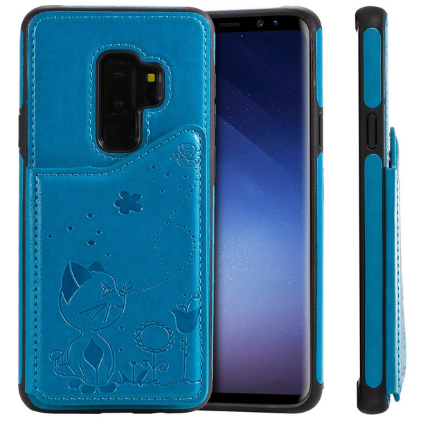 Galaxy S9 Plus Cat Bee Embossing Pattern Shockproof Protective Case with Card Slots & Photo Frame(Blue)