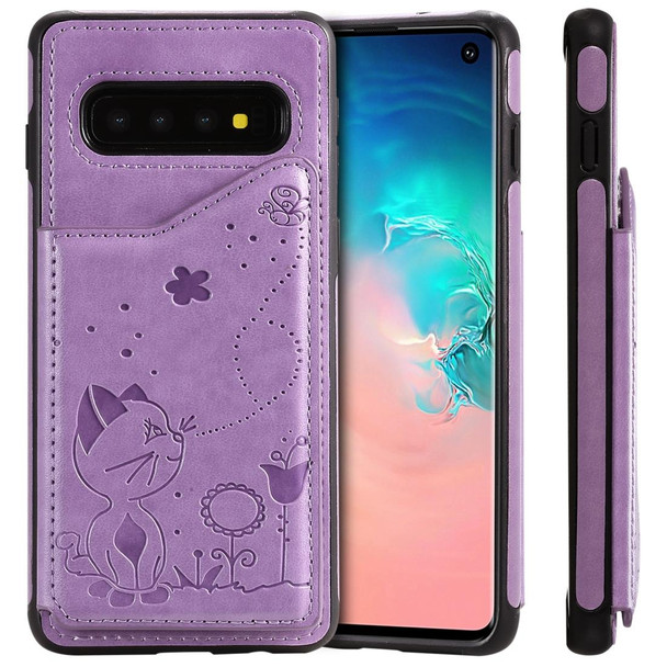 Galaxy S10 Cat Bee Embossing Pattern Shockproof Protective Case with Card Slots & Photo Frame(Purple)