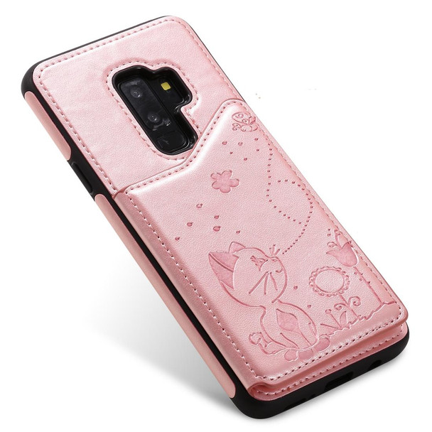 Galaxy S9 Plus Cat Bee Embossing Pattern Shockproof Protective Case with Card Slots & Photo Frame(Rose Gold)