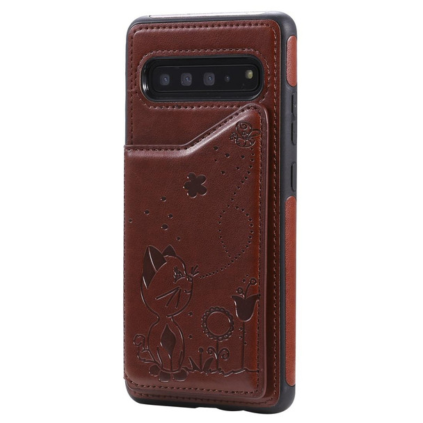 Galaxy S10 5G Cat Bee Embossing Pattern Shockproof Protective Case with Card Slots & Photo Frame(Brown)