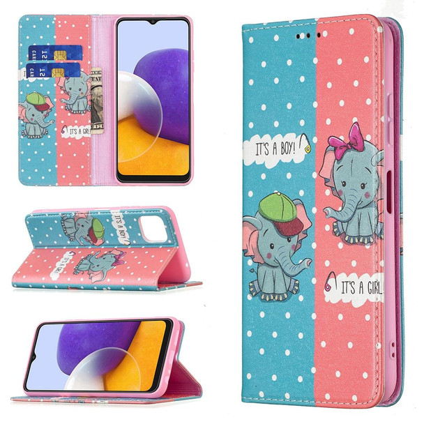 Samsung Galaxy A22 5G Colored Drawing Pattern Invisible Magnetic Horizontal Flip PU Leather Case with Holder & Card Slots & Wallet(Elephant)