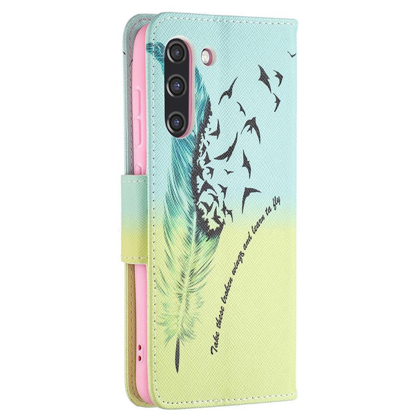 Samsung Galaxy S21 FE Colored Drawing Pattern Horizontal Flip Leather Case with Holder & Card Slots & Wallet(Feather)
