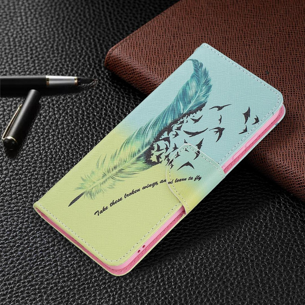 Samsung Galaxy S21 FE Colored Drawing Pattern Horizontal Flip Leather Case with Holder & Card Slots & Wallet(Feather)