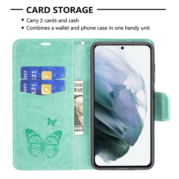 Samsung Galaxy S21 FE Embossing Two Butterflies Pattern Horizontal Flip PU Leather Case with Holder & Card Slot & Wallet & Lanyard(Green)