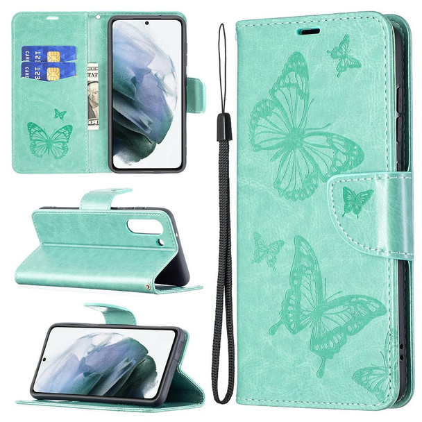 Samsung Galaxy S21 FE Embossing Two Butterflies Pattern Horizontal Flip PU Leather Case with Holder & Card Slot & Wallet & Lanyard(Green)