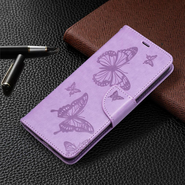 Samsung Galaxy S21 FE Embossing Two Butterflies Pattern Horizontal Flip PU Leather Case with Holder & Card Slot & Wallet & Lanyard(Purple)