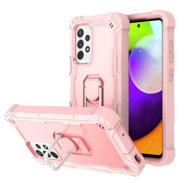 Samsung Galaxy A52 5G / 4G PC + Rubber 3-layers Shockproof Protective Case with Rotating Holder(Rose Gold)