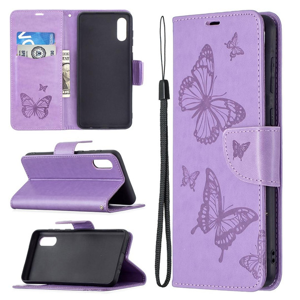 Samsung Galaxy A02 Embossing Two Butterflies Pattern Horizontal Flip PU Leather Case with Holder & Card Slot & Wallet & Lanyard(Purple)