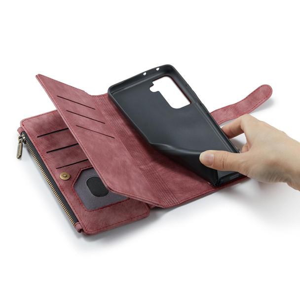 Samsung Galaxy S21 FE CaseMe-C30 PU + TPU Multifunctional Horizontal Flip Leather Case with Holder & Card Slot & Wallet & Zipper Pocket(Red)