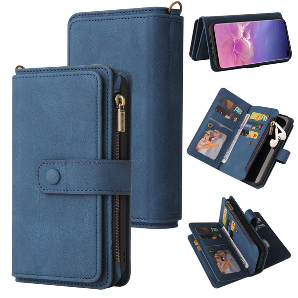 Samsung Galaxy S10+ Skin Feel PU + TPU Horizontal Flip Leather Case with Holder & 15 Cards Slot & Wallet & Zipper Pocket & Lanyard(Blue)