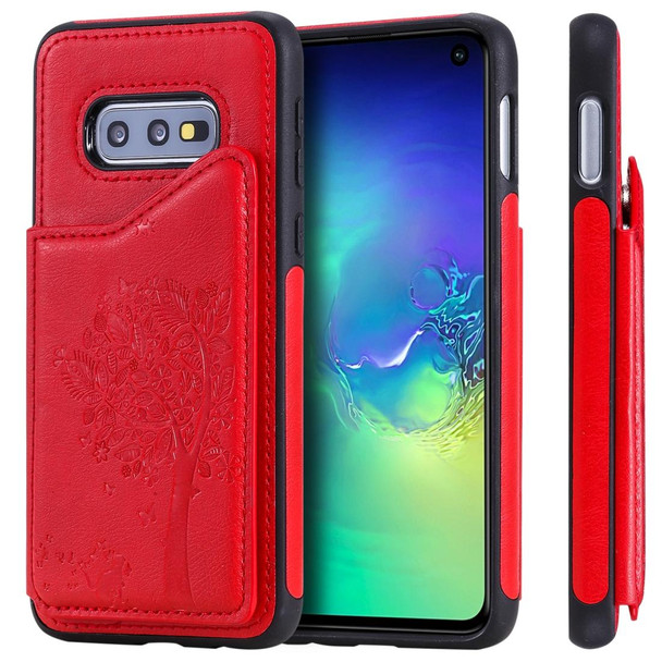 Galaxy S10e Cat Tree Embossing Pattern Shockproof Protective Case with Card Slots & Photo Frame & Holder(Red)