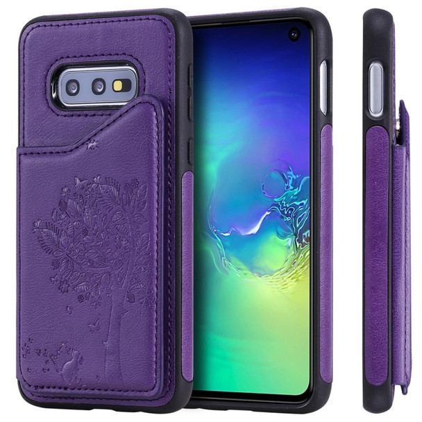 Galaxy S10e Cat Tree Embossing Pattern Shockproof Protective Case with Card Slots & Photo Frame & Holder(Purple)