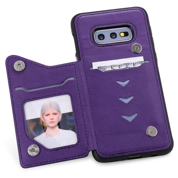 Galaxy S10e Cat Tree Embossing Pattern Shockproof Protective Case with Card Slots & Photo Frame & Holder(Purple)