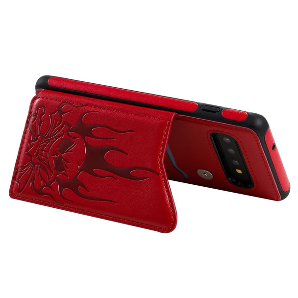 Galaxy S10 Skull Head Embossing Pattern Shockproof Protective Case with Holder & Card Slots & Wallet(Red)
