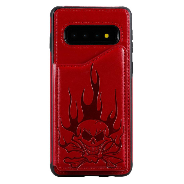 Galaxy S10 Skull Head Embossing Pattern Shockproof Protective Case with Holder & Card Slots & Wallet(Red)