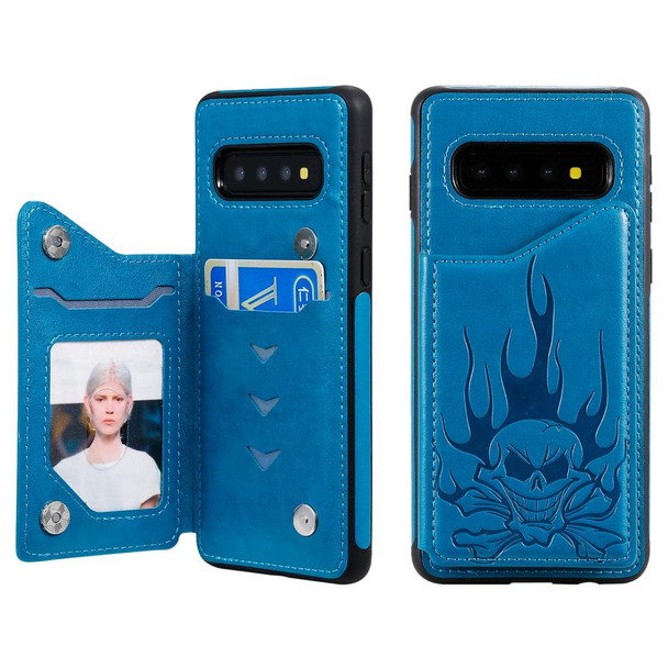 Galaxy S10 Skull Head Embossing Pattern Shockproof Protective Case with Holder & Card Slots & Wallet(Blue)