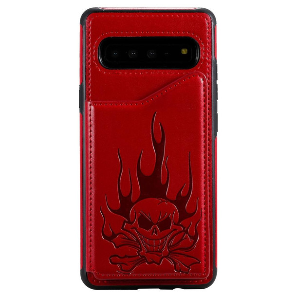 Galaxy S10 5G Skull Head Embossing Pattern Shockproof Protective Case with Holder & Card Slots & Wallet(Red)